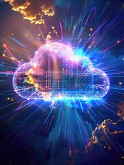 Vibrant digital cloud network concept illustration - A vivid illustration of a digital cloud network bursting with colorful lights against a dramatic sky