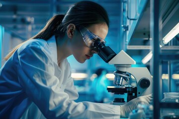 Scientist examining samples under microscope - Female researcher in lab coat closely studies specimens with a microscope in a blue-hued laboratory setting