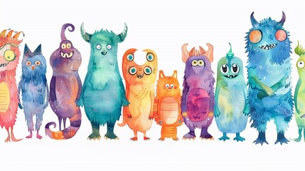 Monsters collection, set of funny cute cartoon colorful monsters for children, fantasy adorable friends isolated on white, colorful cartoon illustrations of monsters stand in a line, greeting cards.