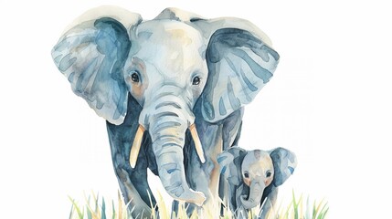 Cute cartoon illustration of a sweet scene a mother elephant with her little baby elephant isolated on white background, watercolor style illustration, for greeting cards of Mother's Day, Children's.
