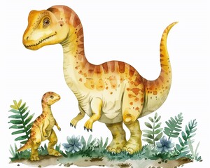 Cartoon dinosaur mom and her baby isolated on white background, watercolor illustration of children's book Dino characters.