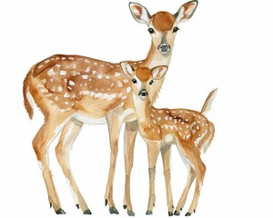 Cartoon colorful illustration of sweet deer mother with her baby cuddle isolated on white background, for children's book, mother's day, greeting card.
