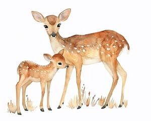 Cartoon colorful illustration of sweet deer mother with her baby cuddle isolated on white background, for children's book, mother's day, greeting card.
