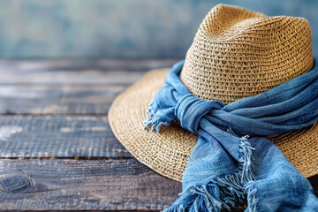 straw hat with blue scarf on wooden surface - obrazy, fototapety, plakaty