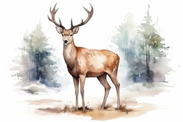 A deer with large antlers stands in a grassy area with trees in the background. The sky is white.