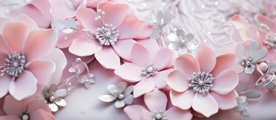 A detailed view of pink flowers placed on a white surface, showcasing their delicate petals and vibrant color against the clean background.