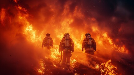 three firefighters are standing in front of a large fire - obrazy, fototapety, plakaty