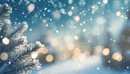 Fototapeta na wymiar Snowy background with lights bokeh Christmas theme