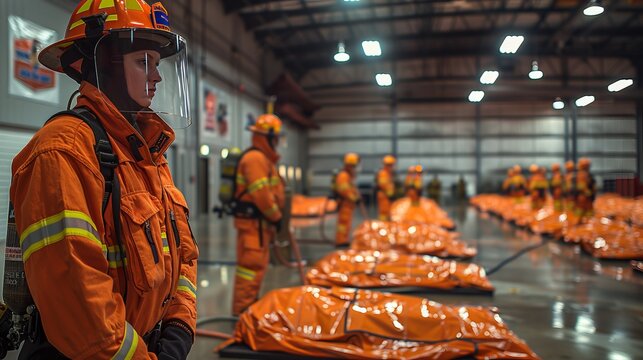 Firefighters in highvisibility clothing are in a warehouse with orange tarps