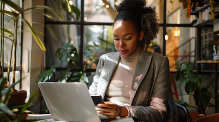 A businesswoman is seated at a table in a public cafe, focused on her laptop computer. She is using her smartphone in order to enter two factor authentication as a security measure on the internet. - Powered by Adobe