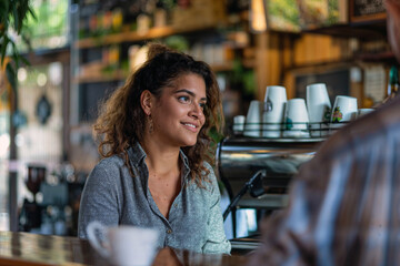 Candid capture of a young Hispanic woman engaged in lively conversation at a coffee shop, showcasing a moment of genuine interaction.

