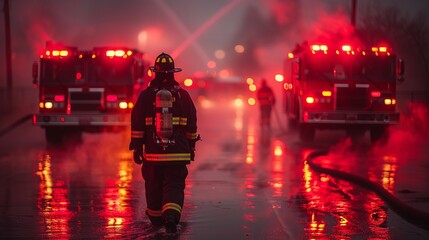 a fireman is walking in front of a fire truck in the rain - obrazy, fototapety, plakaty