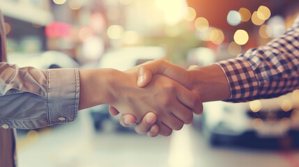 A close-up view of two individuals engaging in a handshake, symbolizing a professional agreement or interaction. - obrazy, fototapety, plakaty