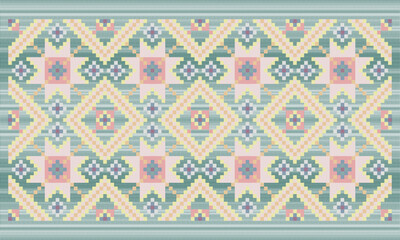 Ikat floral paisley embroidery on a green background.geometric ethnic oriental pattern traditional.Aztec style abstract vector illustration.design for texture,fabric,clothing,wrapping,decoration,rug