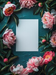 Elegant Peony Frame on Turquoise Background