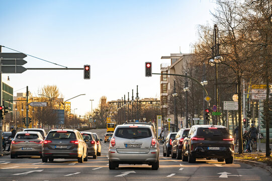 Berlin, Germany - January 28, 2024: Street scene with traffic in Berlin, photographed out of a car.