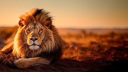 Majestic Lion Basking in Golden Hour on the African Savannah. Majestic Wildlife. Copy Space.