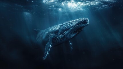Light filters through the water, highlighting a humpback whale and its calf in a synchronized swim. The dance of sunlight and shadow plays across their forms, creating an underwater ballet