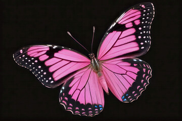 Pink monarch butterfly isolated on black background, anatomically realistic