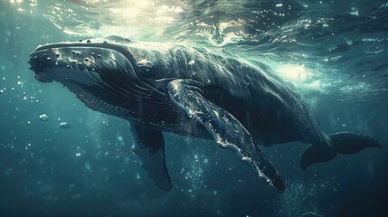 Light filters through the water, highlighting a humpback whale and its calf in a synchronized swim. The dance of sunlight and shadow plays across their forms, creating an underwater ballet - obrazy, fototapety, plakaty