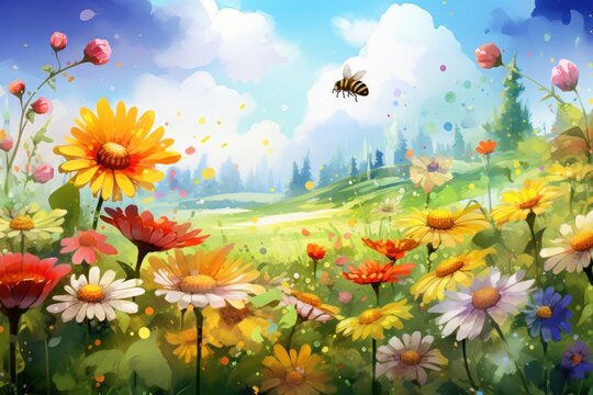 A painting of a field of flowers with a single bee flying above. The flowers are of various shapes and colors, including daisies and sunflowers. The sky is blue with fluffy white clouds.