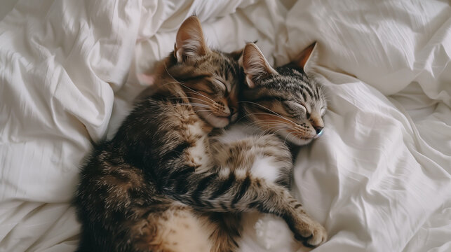 A lovely cat couple is peacefully sleeping next to each other on a white fluffy bed. One cat is hugging the other while they both rest comfortably.