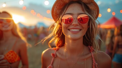 A woman in sunglasses and a hat is happily smiling at a music festival