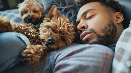 Man napping with two Yorkshire Terriers on a couch. - obrazy, fototapety, plakaty