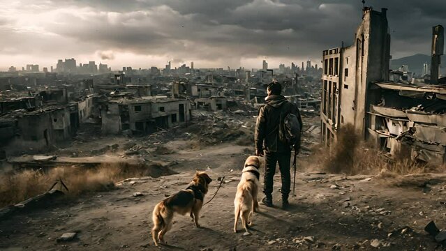 Post apocalyptic scenery showing a man and a dog standing on city ruins, digital art style illustration, cartoonish style. Post apocalyptic with ruined cityscape footage