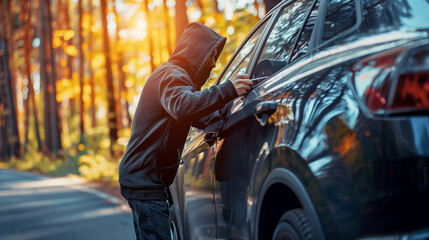 A man wearing a black hoodie is using a screwdriver to break into a car - obrazy, fototapety, plakaty