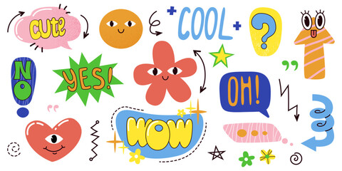 Set of doodle. Collection of contemporary figure, speech bubble with text, arrow, heart in funky groovy style. Chat design element. Hand drawn vector illustrations isolated