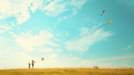 A group of people are flying kites in a grassy field under the azure sky with fluffy cumulus clouds floating in the atmosphere. AIG41 - Powered by Adobe