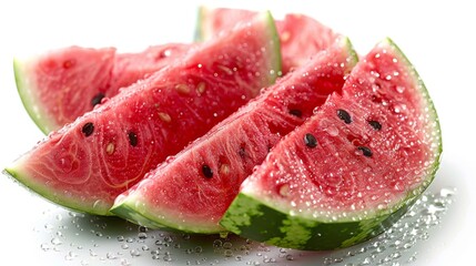 Fresh watermelon. Close up, delicious watermelon slices. Healthy fruit, sweet, water droplets, dew. Isolated on white.