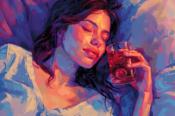 A young girl sleeps in her bed and holds a sleepy girl mocktail in her hand - obrazy, fototapety, plakaty