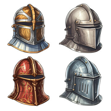 medieval knight helmet and sword on transparent background, clipping path, png, 