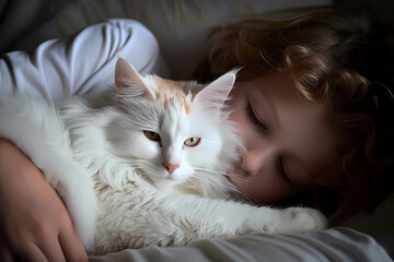 A young boy tenderly cuddles with his Turkish Van cat, forming a bond of genuine companionship and affectionate love, embodying the pure and comforting connection between a child and his feline friend