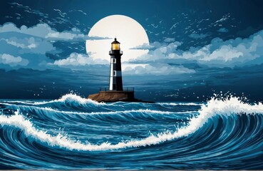 Serene Seascape: Vector Illustration of a Blue Sea Background, Adorned with Gentle Waves and a Majestic Lighthouse