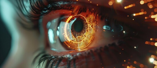 A close-up view of a persons eye with futuristic, high-intensity bright lights illuminating the...