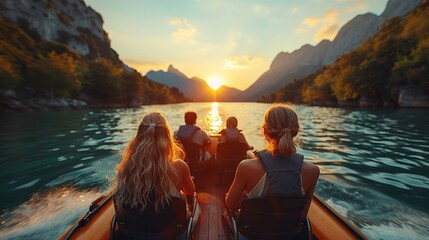 a group of people are riding a boat on a lake at sunset - obrazy, fototapety, plakaty