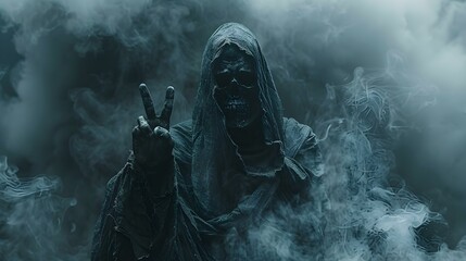 Grinning grim reaper making a peace sign in eerie misty setting. Concept Fantasy, Halloween, Peaceful, Grim Reaper, Eerie
