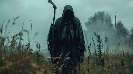 Symbolic image of the grim reaper holding a scythe representing death. Concept Death, Grim Reaper, Scythe, Symbolism, Fear - obrazy, fototapety, plakaty