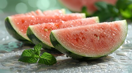 Fresh watermelon. Close up, delicious watermelon slices.
Healthy fruit, sweet, water droplets, dew.