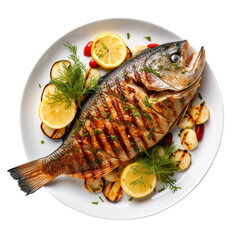 grilled fish with lemon and herbs on a plate on transparent background, png, clipping path,