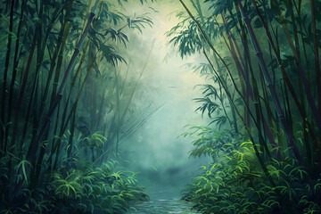 Mystical Morning in Verdant Bamboo Forest: Ethereal Mist, Sunlight, and Emerald Canopy Create Enchanted Tranquility