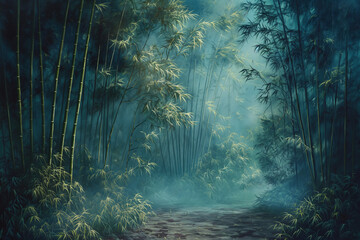 Moonlit Serenity in Ethereal Bamboo Forest: A Mystical Twilight Dance of Light and Shadows Amidst...