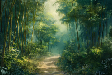 A Tranquil Bamboo Forest Path: Sunlit, Mist-Enveloped Trail Invites a Peaceful Journey Through Lush Tropical Greenery