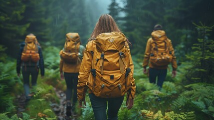 Hikers with backpacks trekking through a lush forest - obrazy, fototapety, plakaty