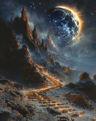 Surreal desert at night with a staircase to the moon - In a surreal desert landscape, a mystical staircase leads up to the moon, merging the ethereal with the terrestrial - obrazy, fototapety, plakaty