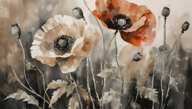 mohnblumen, abstrakt, vintage, malerei, retrostyle, braun, schwarz, beige, close up, gestalten, hintergr&uuml;nde, gezeichnet, zeichnung, textur, muster, copy space, karte, konzept, rot, alt, design, art