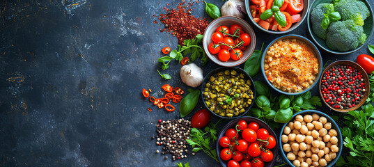 banner of vegetarian food, dark background